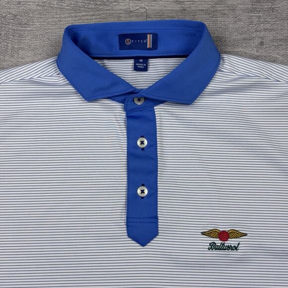 Stitch Golf Polo Shirt Mens M Blue Striped Baltusrol Logo Performance Preppy EUC - Picture 11 of 13